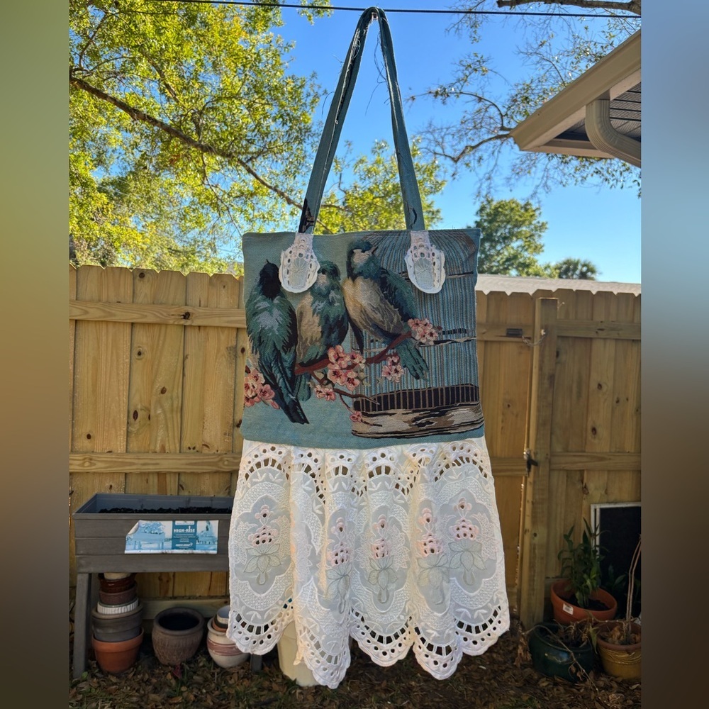 Dreamy Vintage Cottagecore Lace Tote Bag Handmade Ethereal Fairycore Birdcage